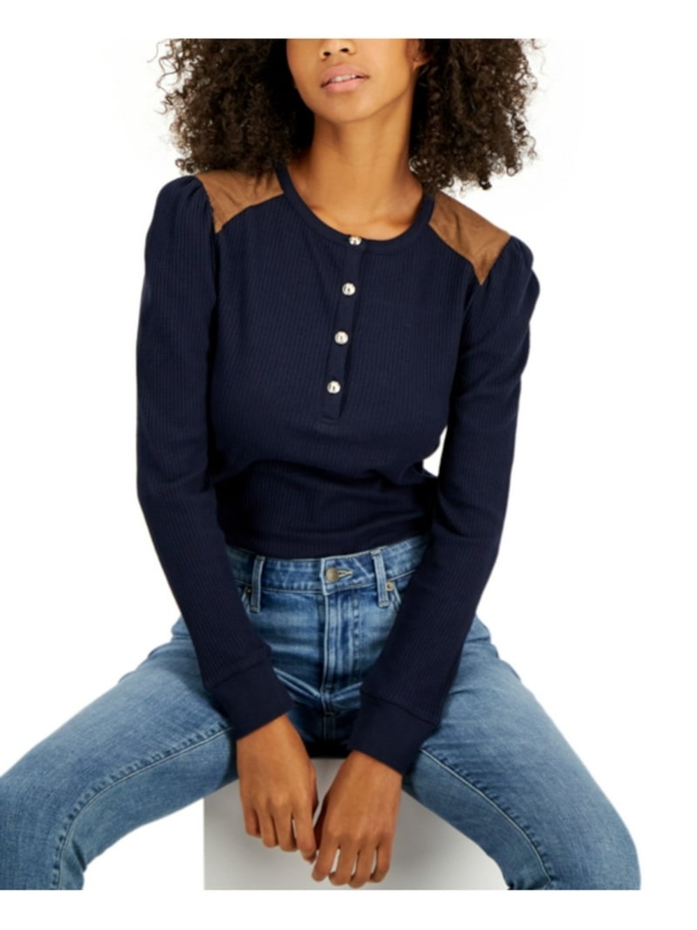 Tommy Hilfiger Navy Ribbed Henley with Brown Shoulder Panels